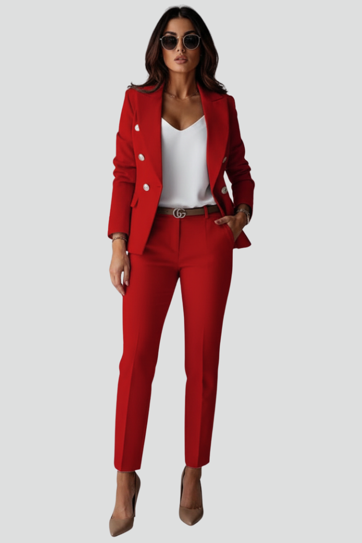 Front view of a women's blazer set with straight trousers, embodying professional business wear and elegant style.