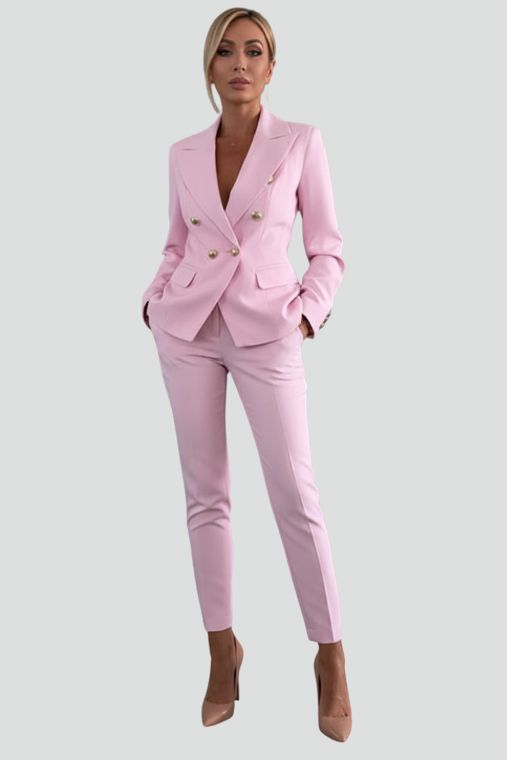 Versatile women's two-piece suit set: blazer & straight trousers. For business wear, smart casual, and work outfits.