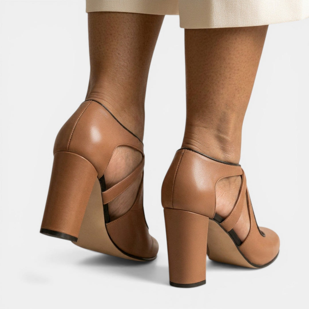 Comfortable T-strap high heel sandals for women with adjustable ankle strap & round toe.
