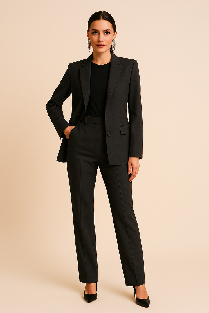 Professional women's two-piece pants suit with a tailored blazer, ideal for elegant business attire and workwear.