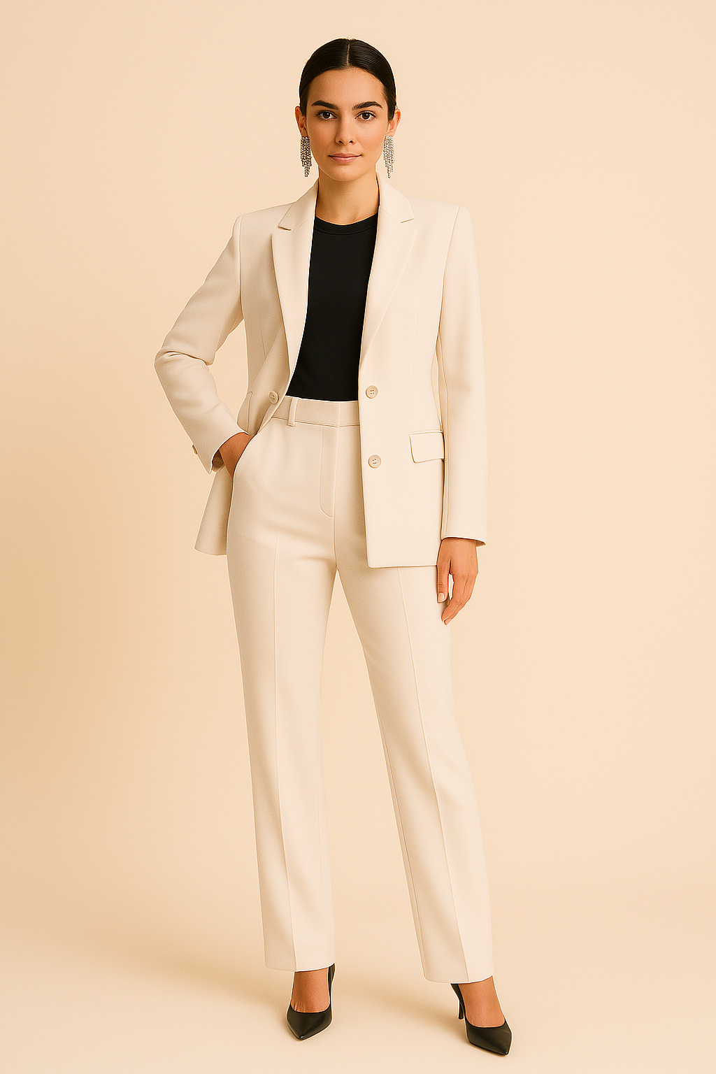 Chic women's tailored blazer and matching pants suit, a versatile set for professional style and office elegance.