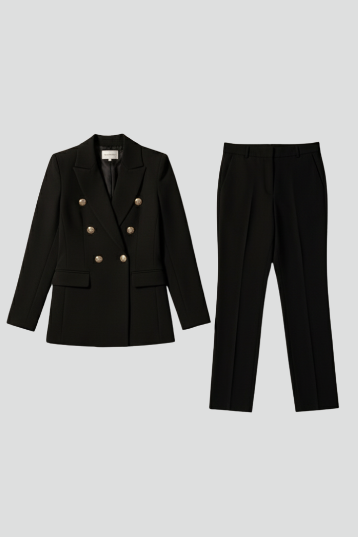 Elegant women's tailored blazer & straight trousers suit set. Perfect business attire & professional office wear.