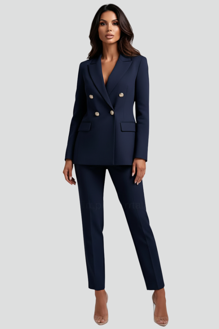Modern professional women's suit set, elegant blazer & straight trousers for contemporary office wear.