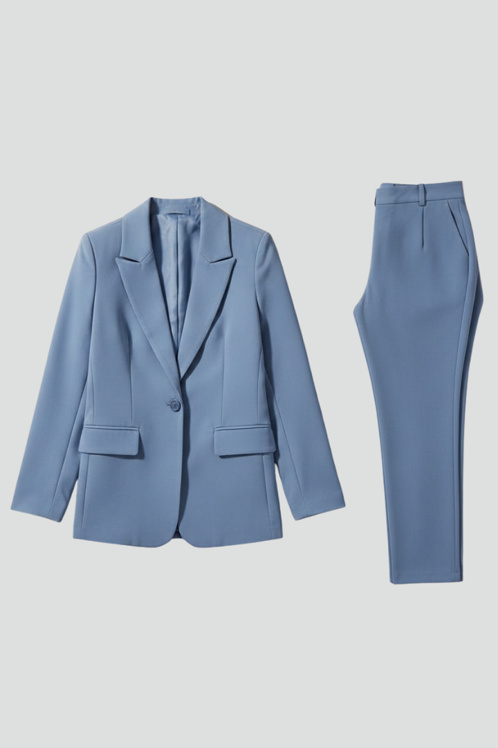 Elegant women's tailored blue blazer and trousers suit set, perfect for professional office wear & business casual style.