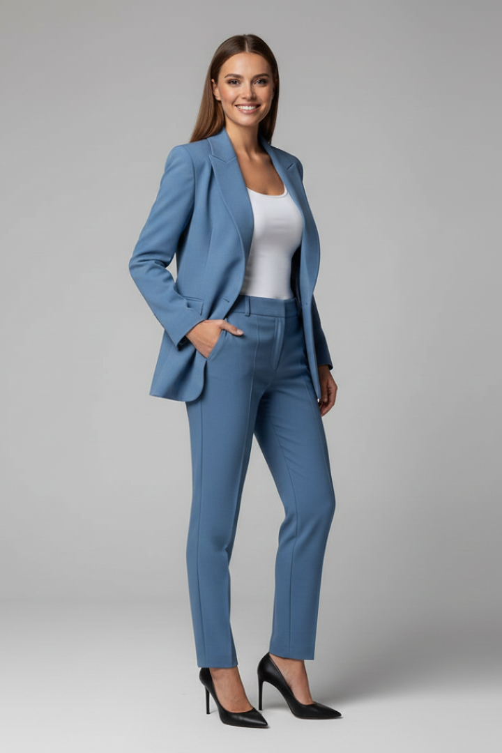 Stylish women's blue blazer & tailored trousers suit, offering comfort & a chic look for modern professional attire.