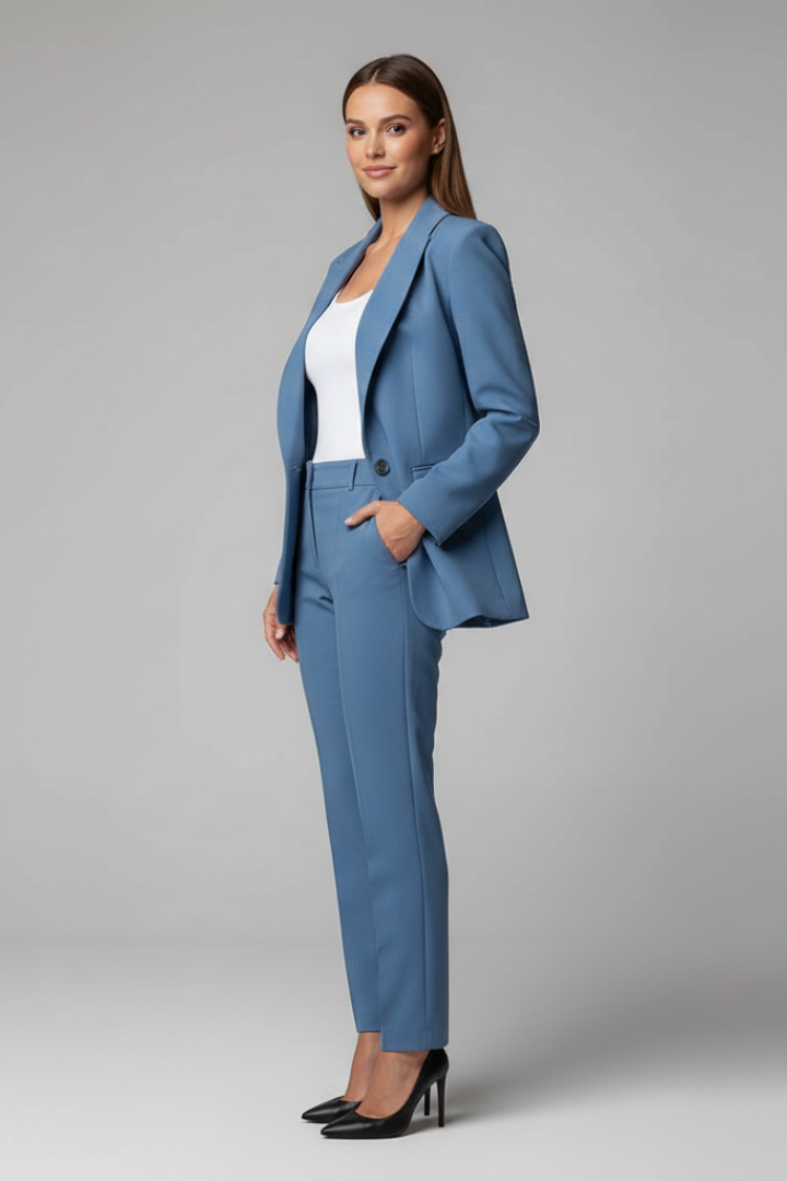 Complete women's blue suit set: elegant blazer and perfectly tailored trousers for a sophisticated business outfit.