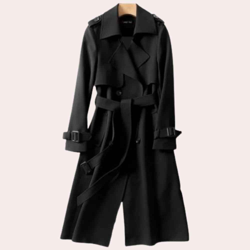 Elegant women's tailored long coat with classic double-button closure. Perfect for professional and fall winter chic.