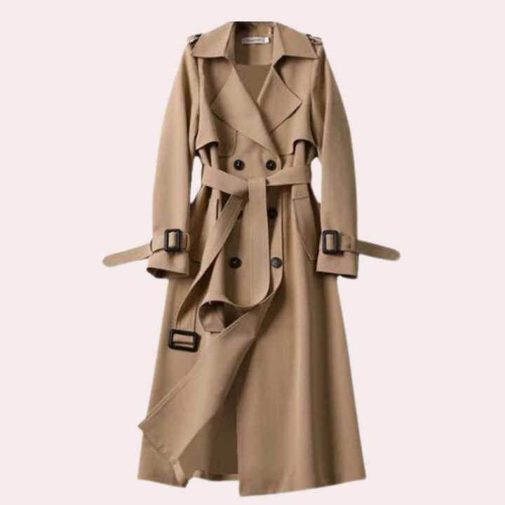 Professional women's tailored long coat, elegant double-button outerwear. A timeless classic for fall winter fashion.