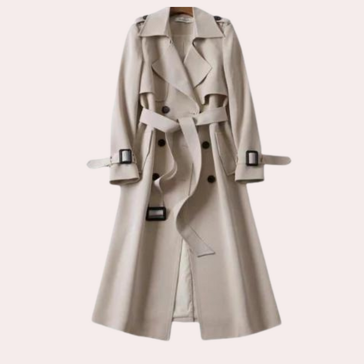 Chic women's tailored long coat featuring elegant double-button styling. Perfect for versatile fall & winter fashion.