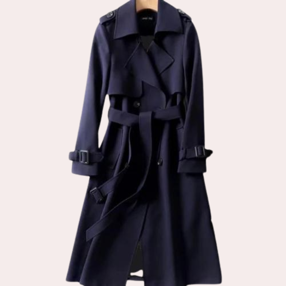 Modern elegant women's long tailored coat with classic double buttons. Versatile and chic for everyday fall & winter.