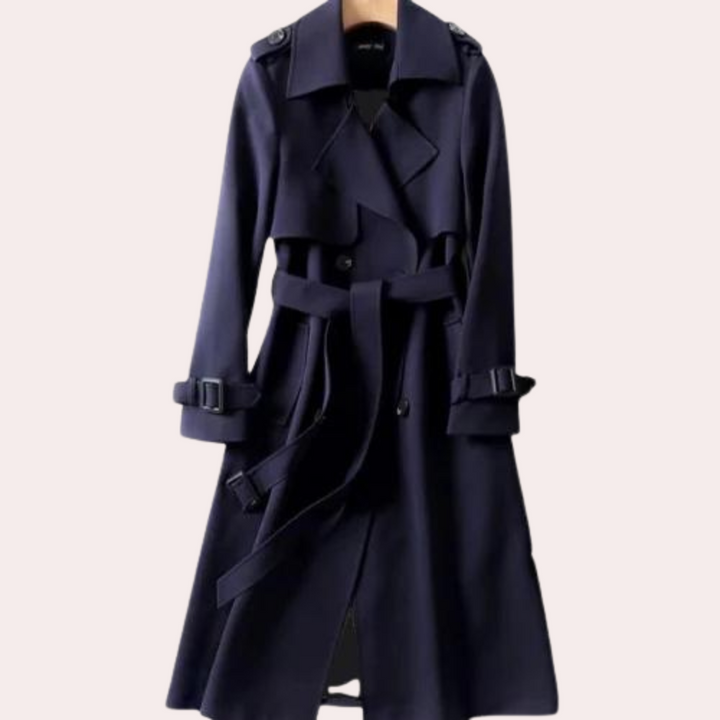 Modern elegant women's long tailored coat with classic double buttons. Versatile and chic for everyday fall & winter.