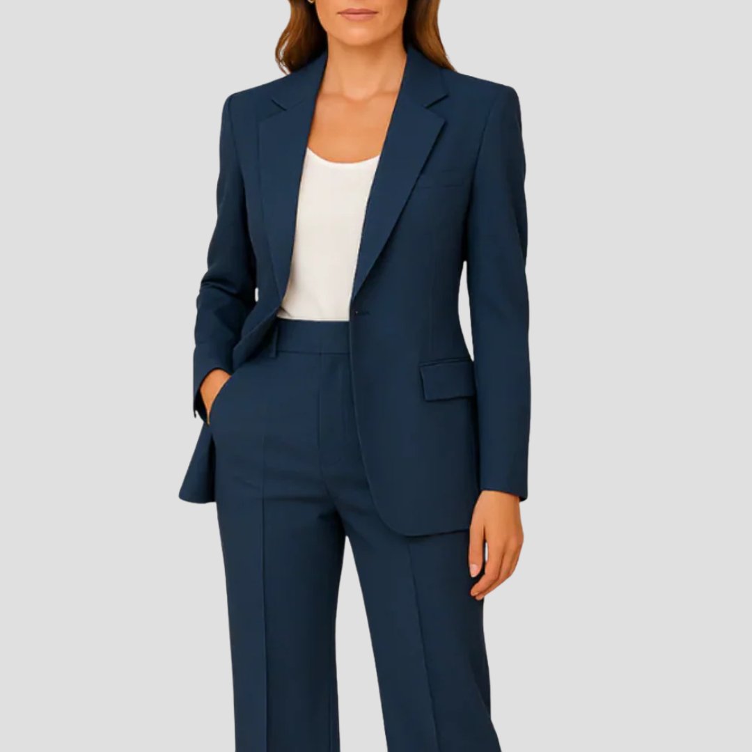 Sophisticated women's business suit: elegant tailored blazer paired with comfortable wide-leg pants. Professional fashion.