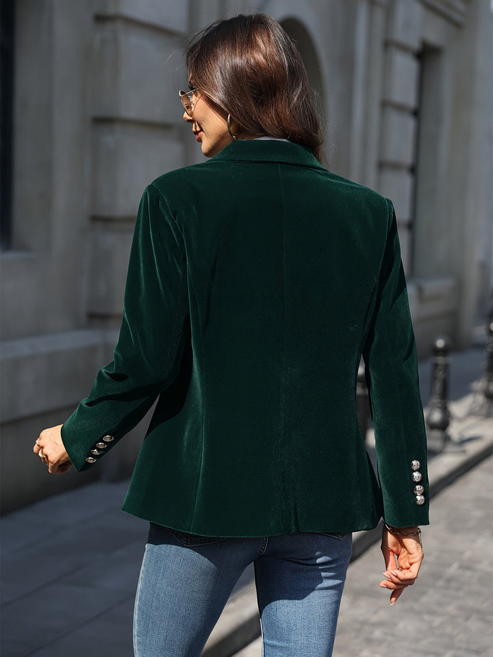 Sophisticated women's tailored velvet blazer with shiny gold buttons for versatile chic style.
