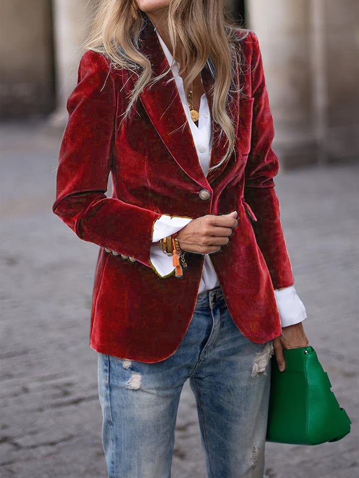 Women's tailored velvet blazer, a long sleeve jacket featuring elegant gold buttons for a polished look.