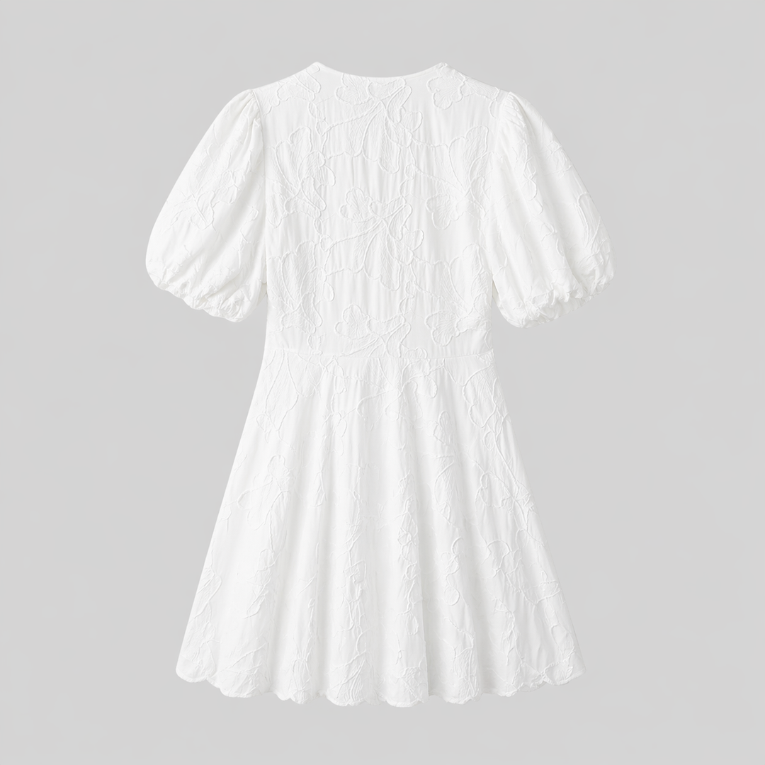 Beautiful women's floral print midi dress, textured fabric, V-neckline & puff sleeves. Elegant summer or day wear.