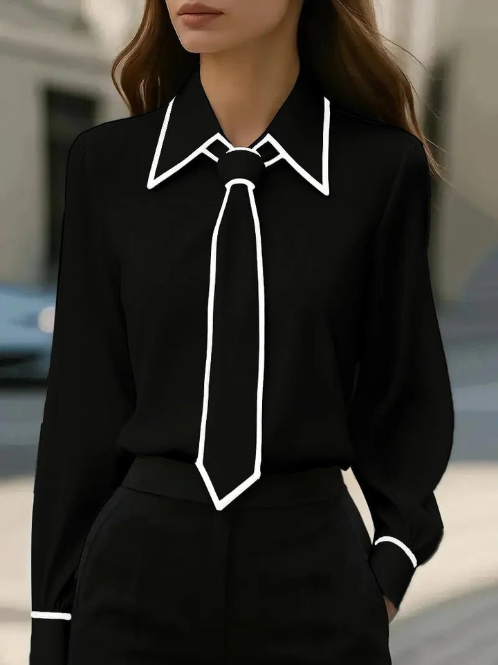 Versatile women's elegant tie neck blouse with button-down front & contrast trim, great for business or casual.