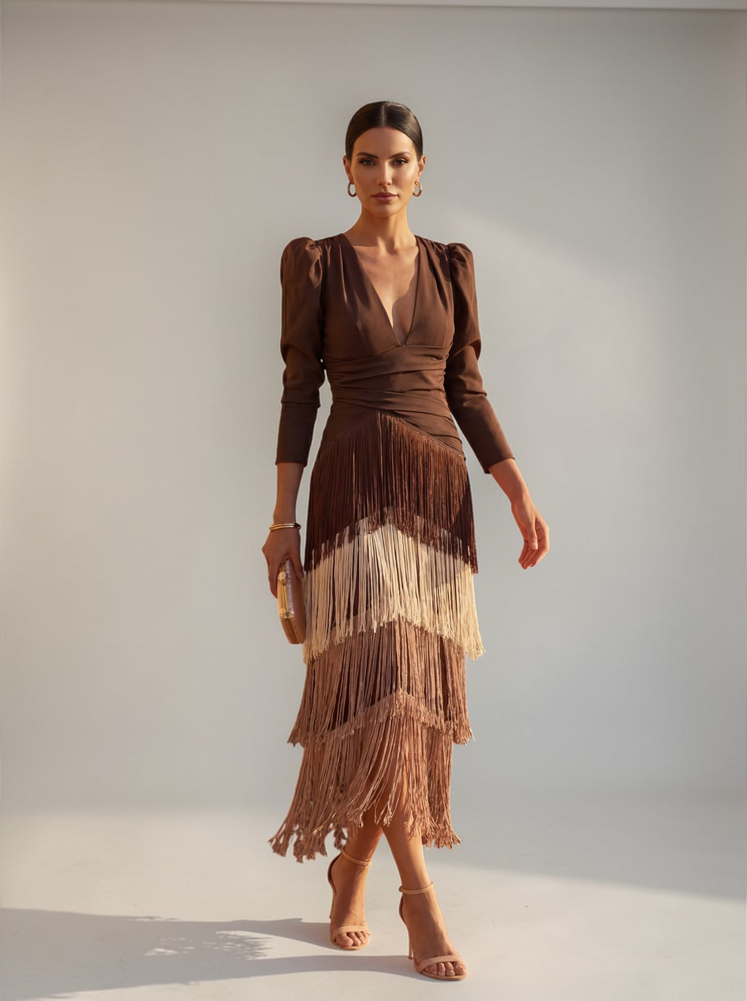 Elegant women's tiered fringe midi dress with V-neck and long sleeves, perfect for formal evening events.