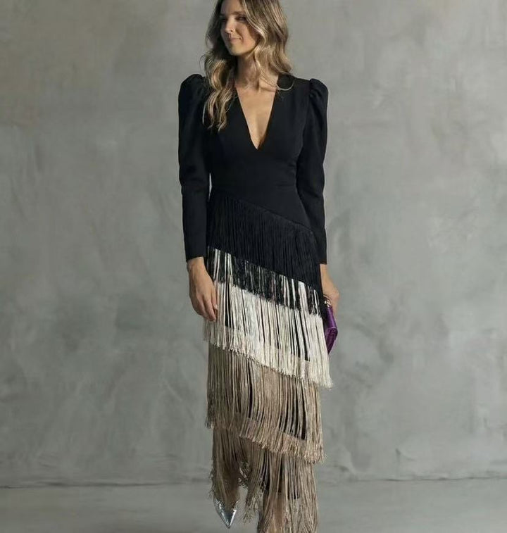 Modern women's tiered fringe midi dress, an elegant V-neck long sleeve formal evening gown for contemporary style.