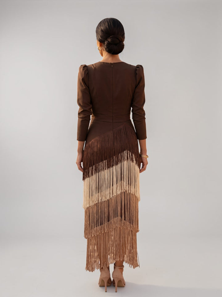 Sophisticated women's midi formal gown with tiered fringe, ideal as an evening or cocktail party dress.