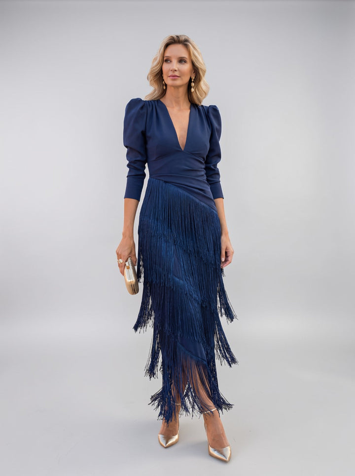 Women's sophisticated V-neck long sleeve tiered fringe midi dress, an elegant formal evening or cocktail gown.