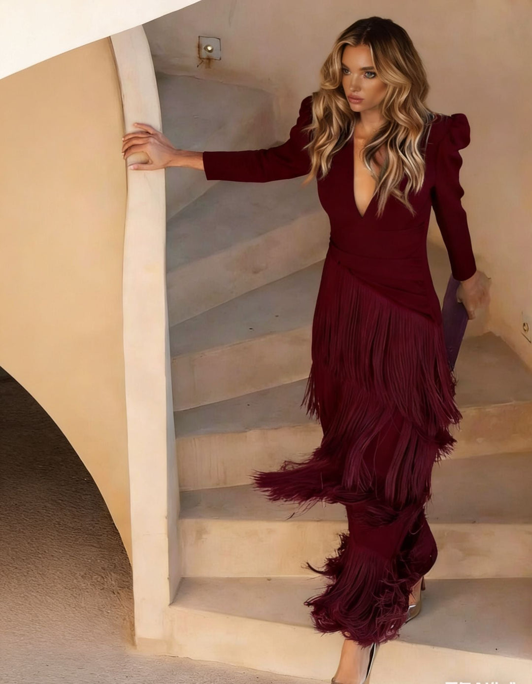 Beautiful women's formal gown, a tiered fringe midi dress with an elegant V-neck and long sleeves for parties.