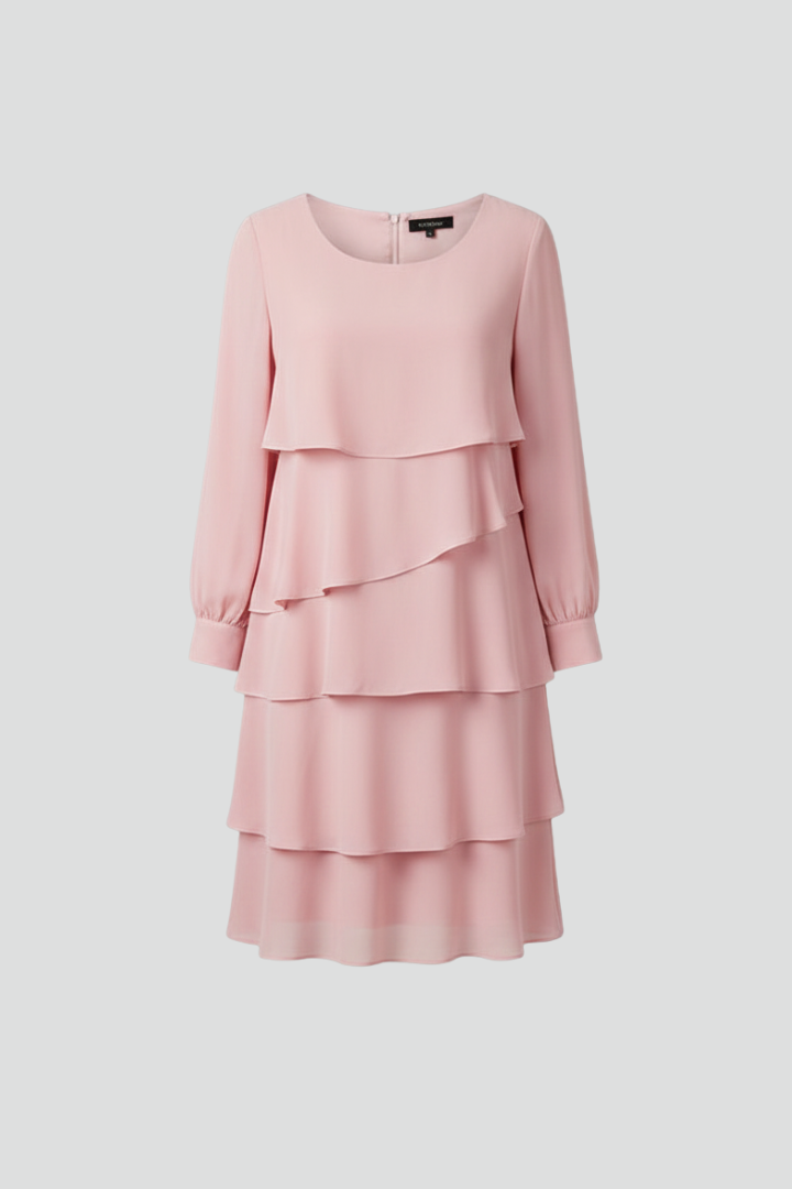 Elegant women's tiered long sleeve dress, knee-length for fall & spring casual wear. Modest, flowy style.