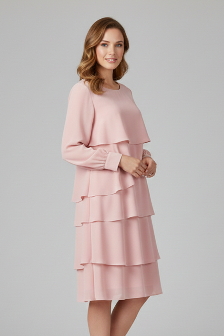 Flowy women's knee-length tiered dress with long sleeves & round neck, ideal for spring & fall fashion.
