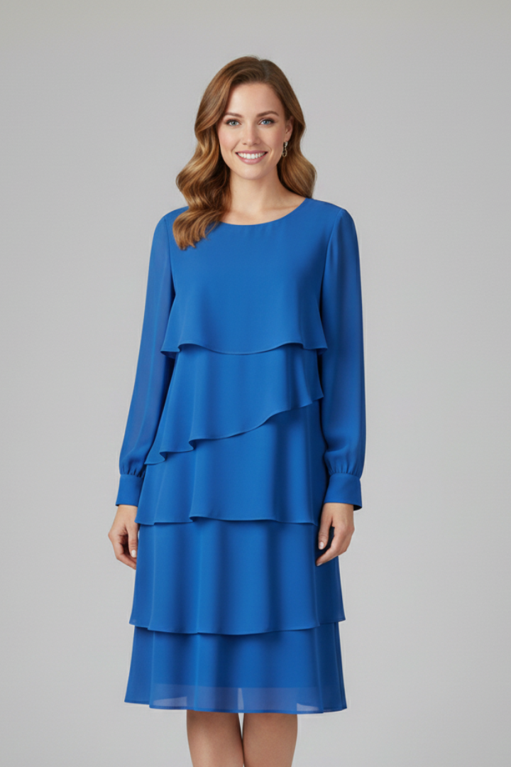 Versatile women's tiered long sleeve dress, knee-length, great for elegant casual spring and fall outfits.