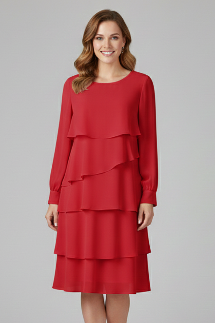 Classic women's knee-length tiered dress with long sleeves. Elegant, flowy design for everyday & special occasions.
