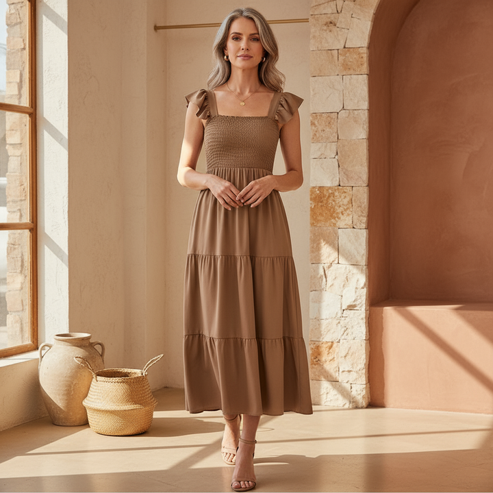 Elegant women's tiered midi dress with flowy fabric, perfect for summer casual chic or special occasions.