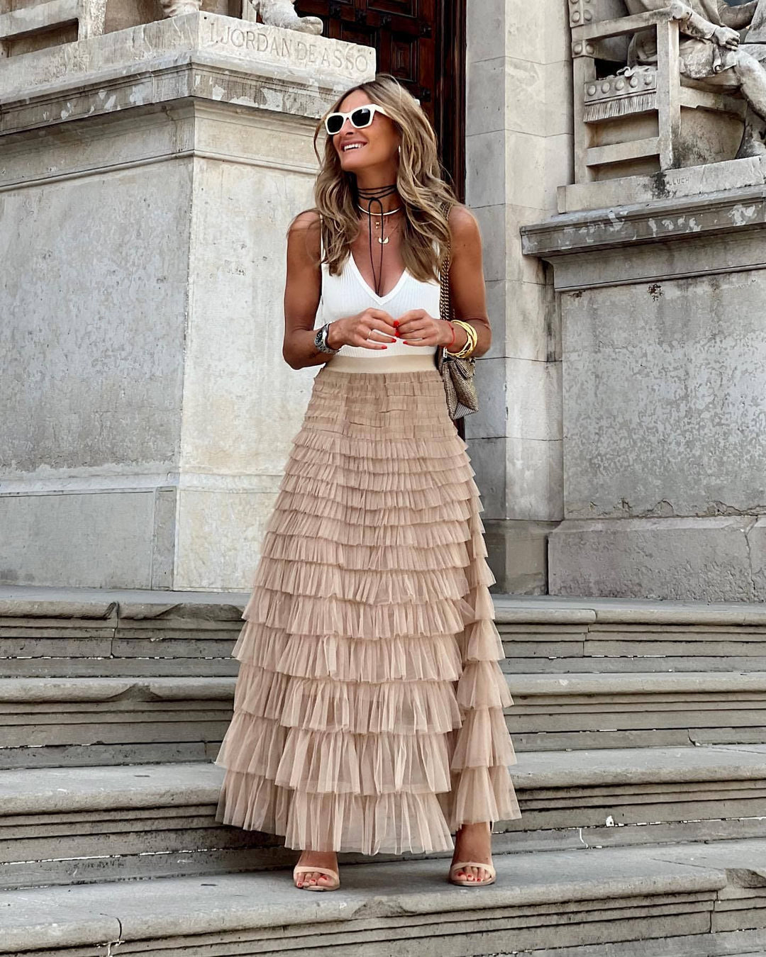 Elegant women's tiered ruffle maxi skirt for evening wear, party, or wedding guest. Flowy formal occasion skirt.