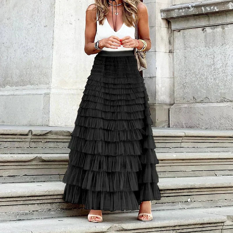 Flowy women's tiered ruffle maxi skirt. Elegant formal evening skirt perfect for special occasions & wedding guests.