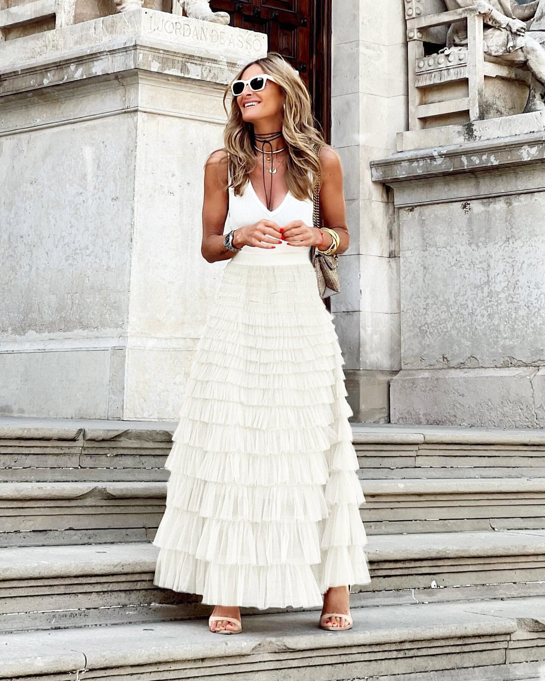 Sophisticated women's tiered ruffle maxi skirt. Elegant evening flowy skirt, ideal for formal events & parties.