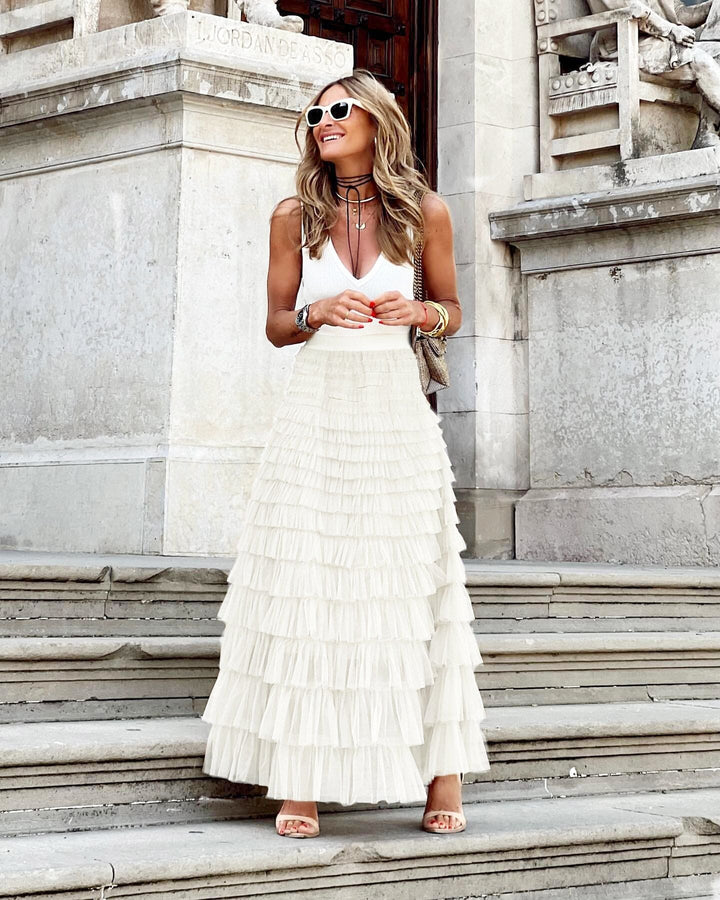 Sophisticated women's tiered ruffle maxi skirt. Elegant evening flowy skirt, ideal for formal events & parties.