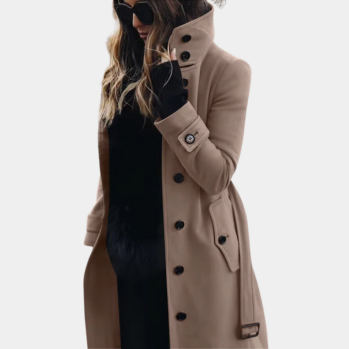 Elegant women's timeless trench coat, perfect for sophisticated fall & winter fashion. Classic long outerwear.