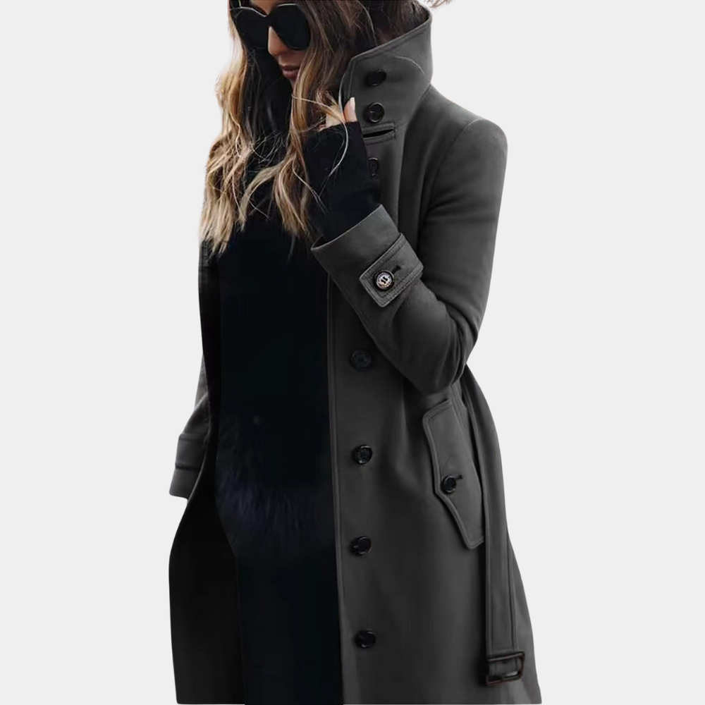 Stylish women's classic trench coat in neutral color, versatile for both formal and casual elegant outfits.