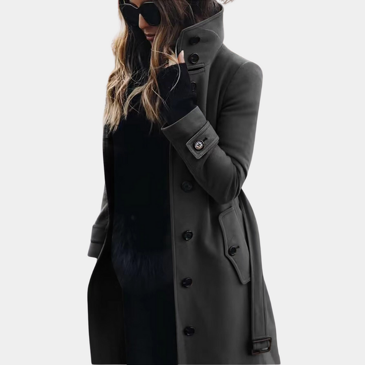 Stylish women's classic trench coat in neutral color, versatile for both formal and casual elegant outfits.