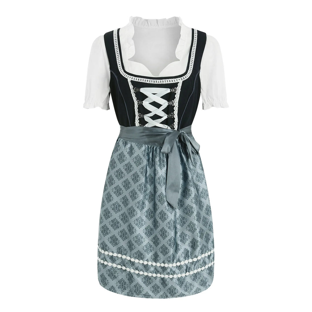 Vibrant Bavarian Dirndl midi dress for women, ideal festive attire for Oktoberfest or folk festivals.