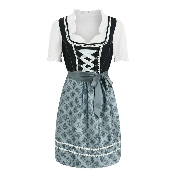 Vibrant Bavarian Dirndl midi dress for women, ideal festive attire for Oktoberfest or folk festivals.