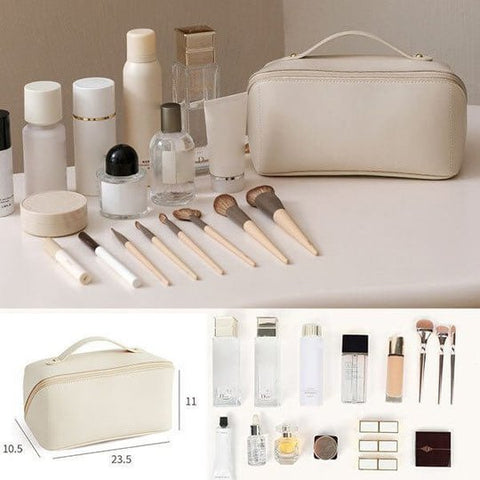 Portable women's travel makeup organizer bag, an elegant cosmetic beauty case for travel essentials.