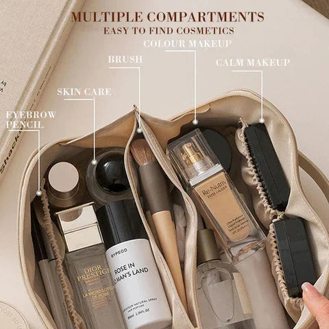 Elegant travel makeup organizer bag, a smart storage solution for women's beauty essentials on the go.