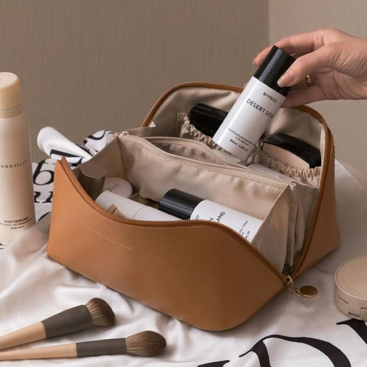 Stylish elegant women's travel makeup organizer bag, a perfect accessory for portable beauty storage.