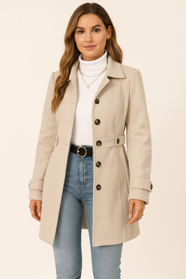 Elegant women's trench coat with adjustable belt & notch collar, perfect for office wear.
