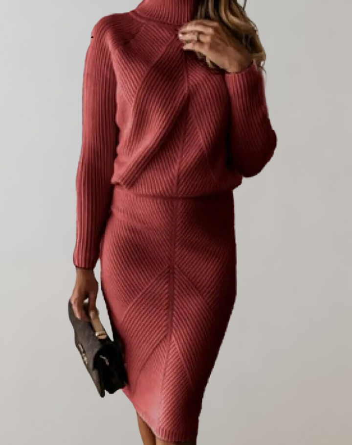 Elegant women's turtleneck long sleeve top and slim skirt two-piece set for chic winter fashion.