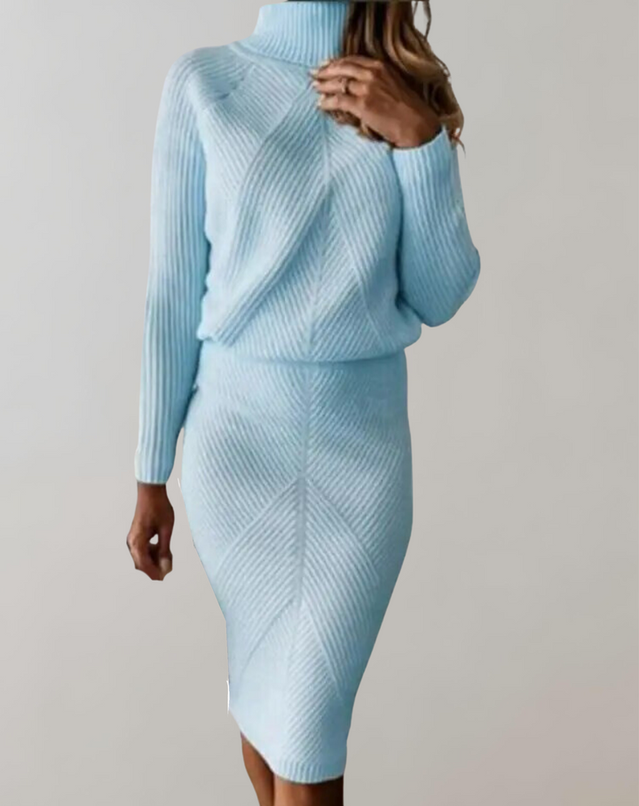 Stylish women's cozy turtleneck long sleeve skirt set, perfect for elegant fall and winter outfits.