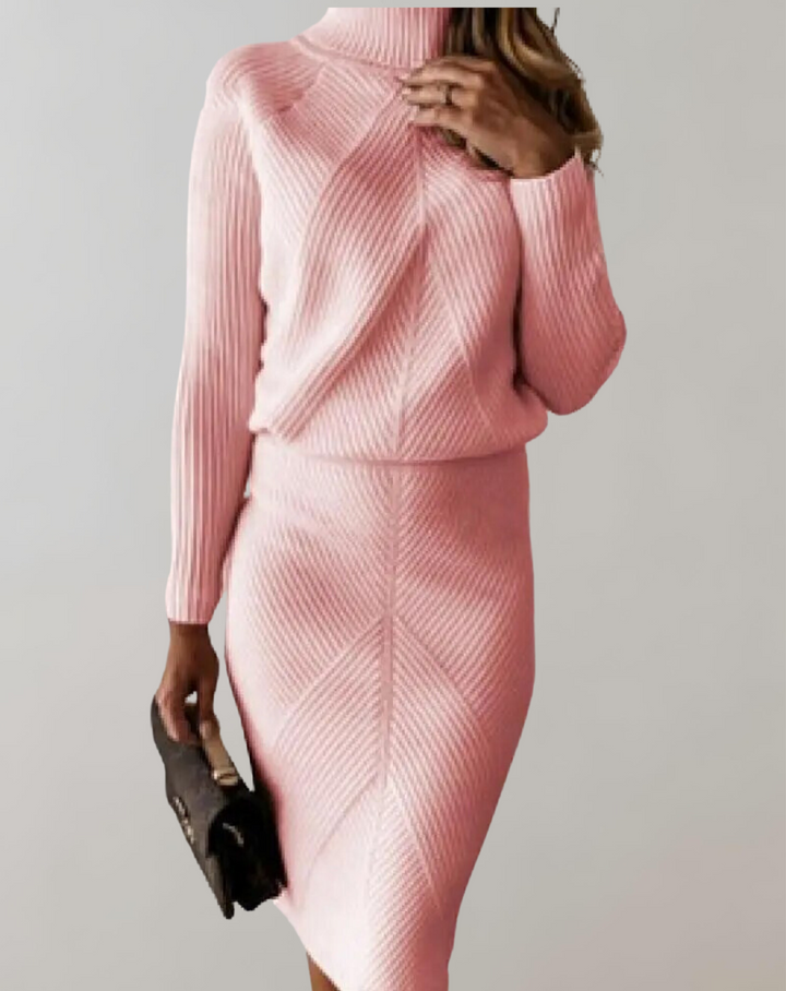 Coordinated women's turtleneck two-piece skirt set with long sleeves, offering elegant style and comfort.
