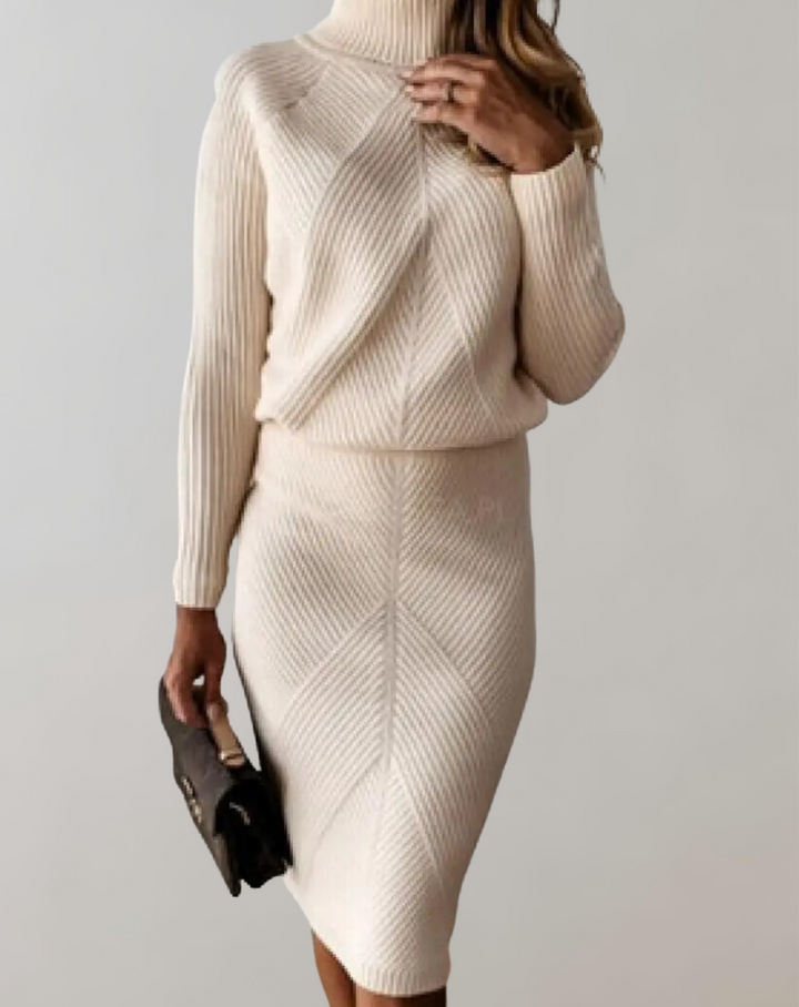 Chic women's turtleneck long sleeve top paired with a slim skirt two-piece set, ideal for winter.