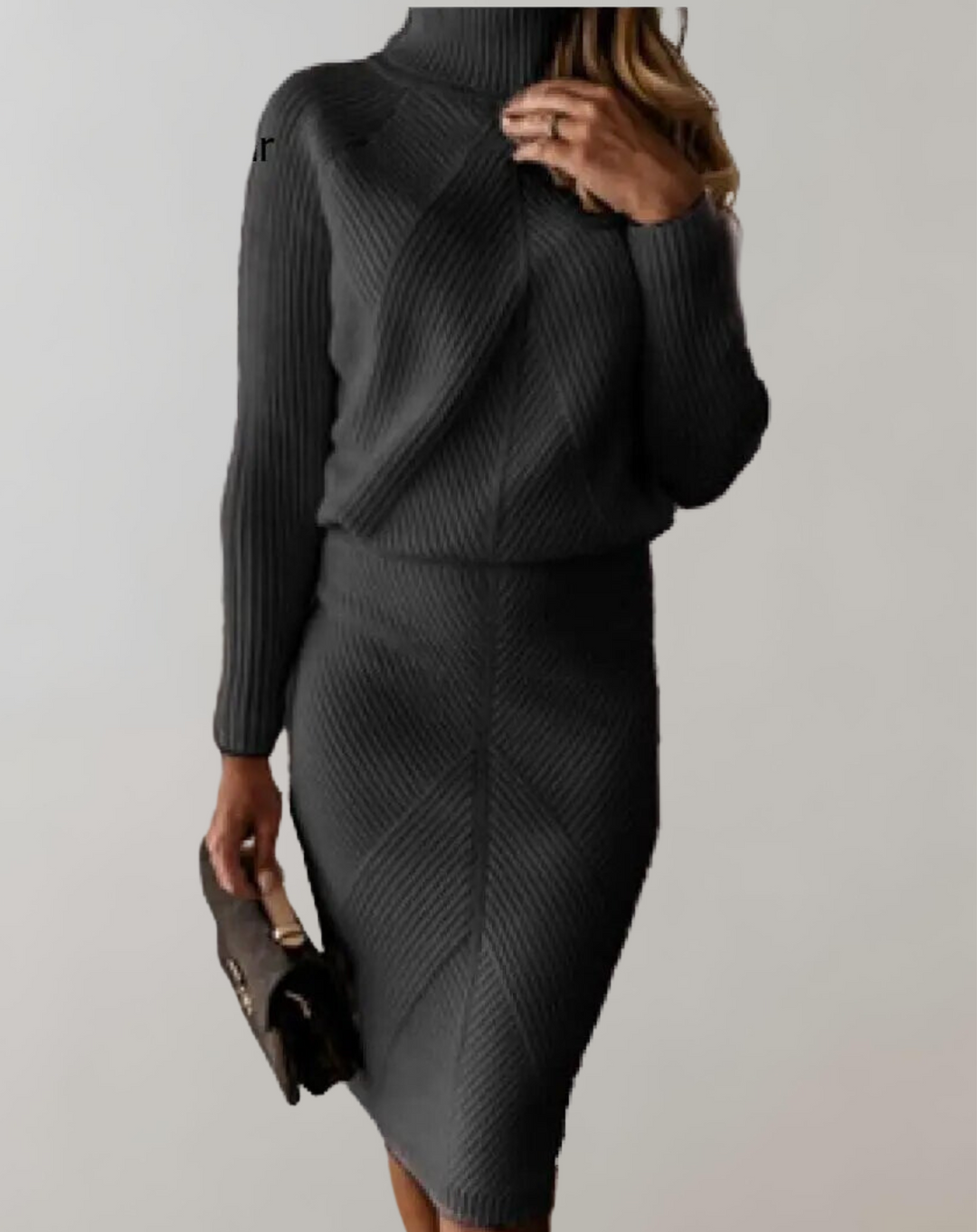Elegant women's long sleeve turtleneck top and slim fit skirt, a chic two-piece set for cold weather style.