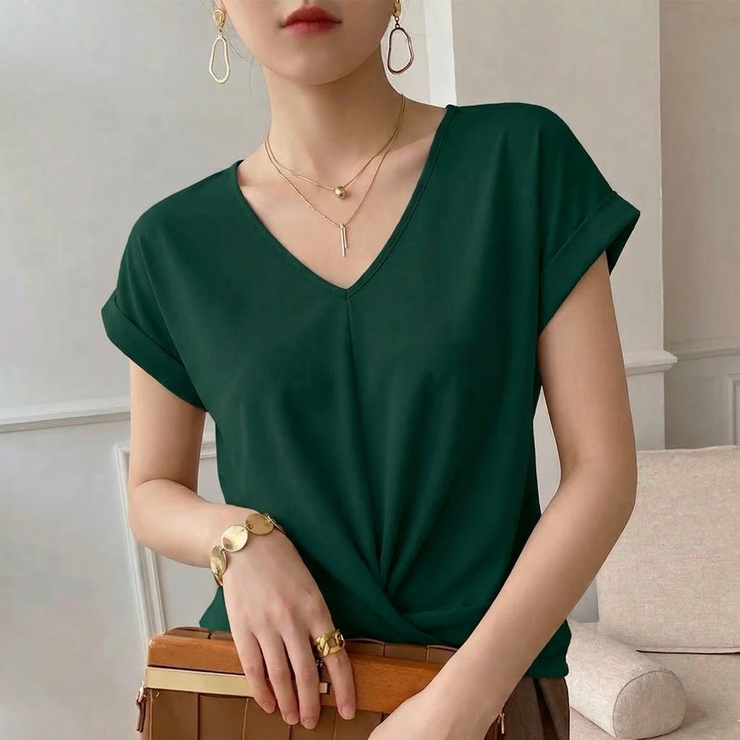 Elegant women's twist front V-neck top, short sleeve for summer casual wear. Chic and modern design.