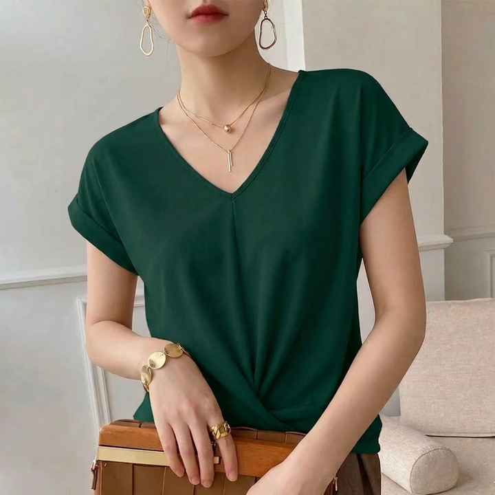 Elegant women's twist front V-neck top, short sleeve for summer casual wear. Chic and modern design.